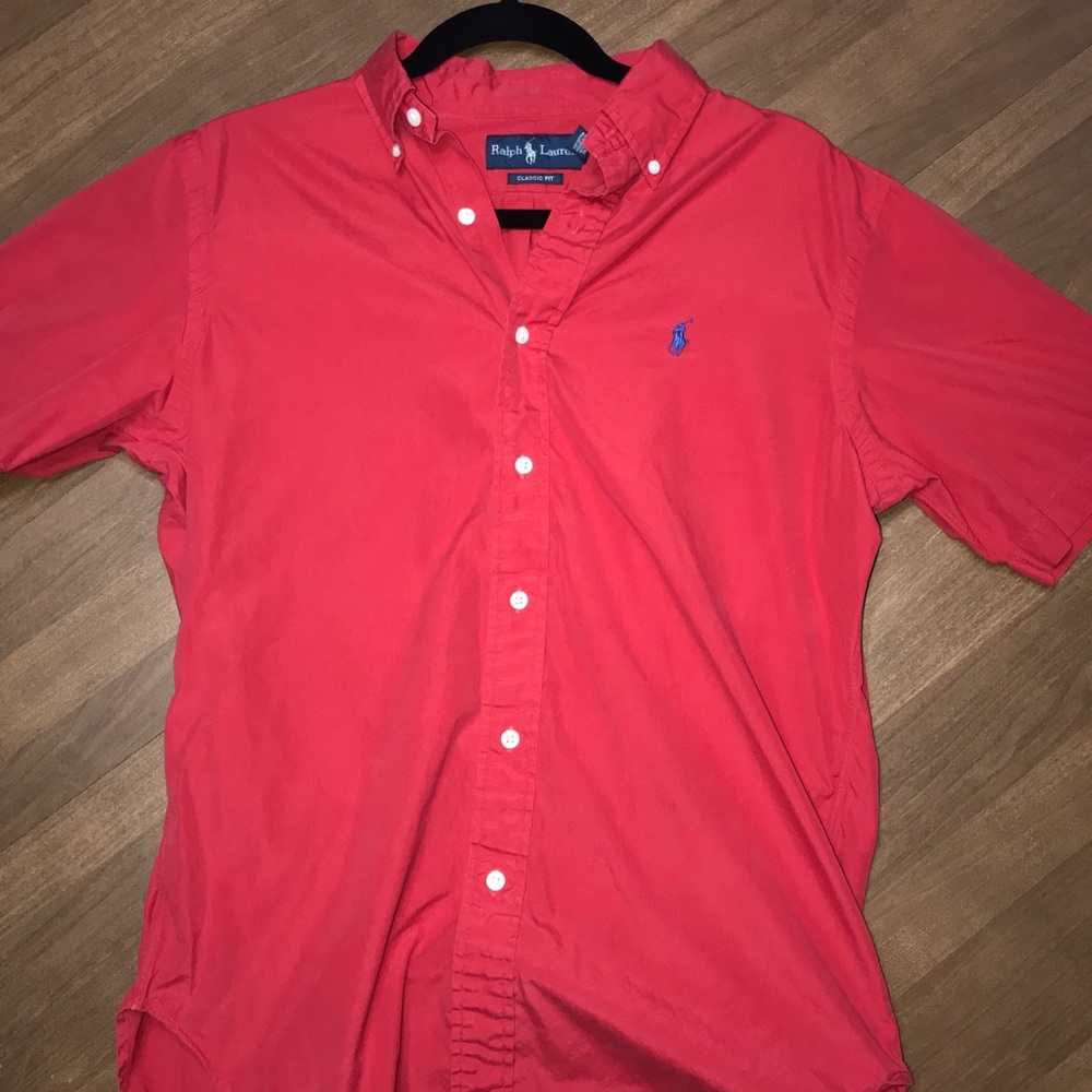 Short sleeve polo button up red/blue colorway.